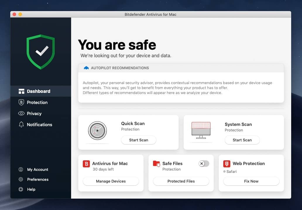 Bitdefender antywirus dla interfejsu Mac