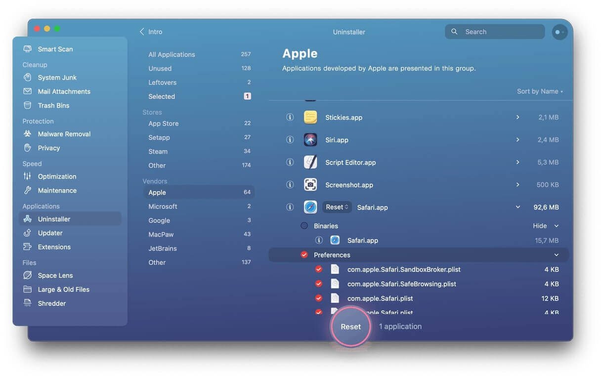 нулиране на safari на mac