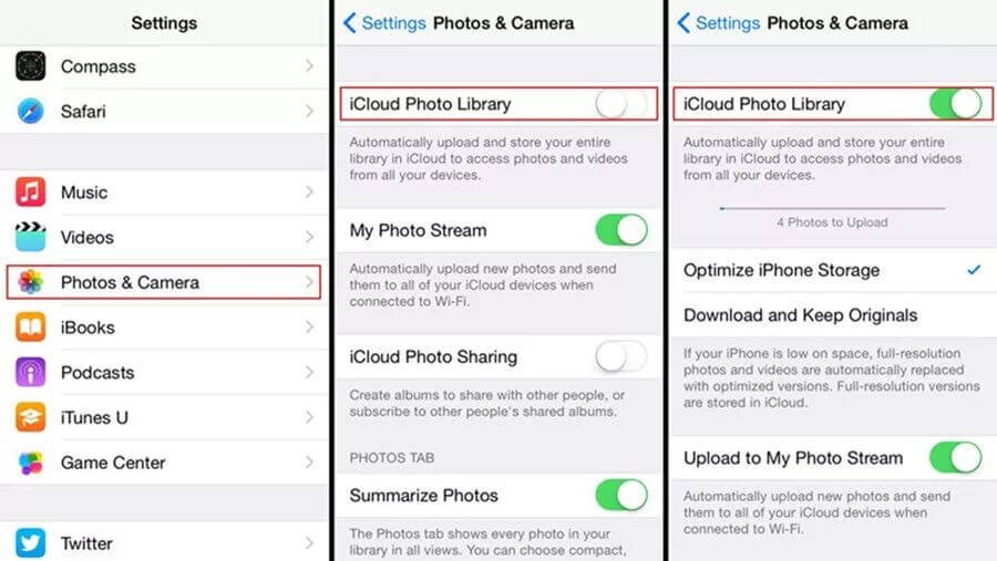 iespējot icloud fotoattēlu bibliotēku iPhone