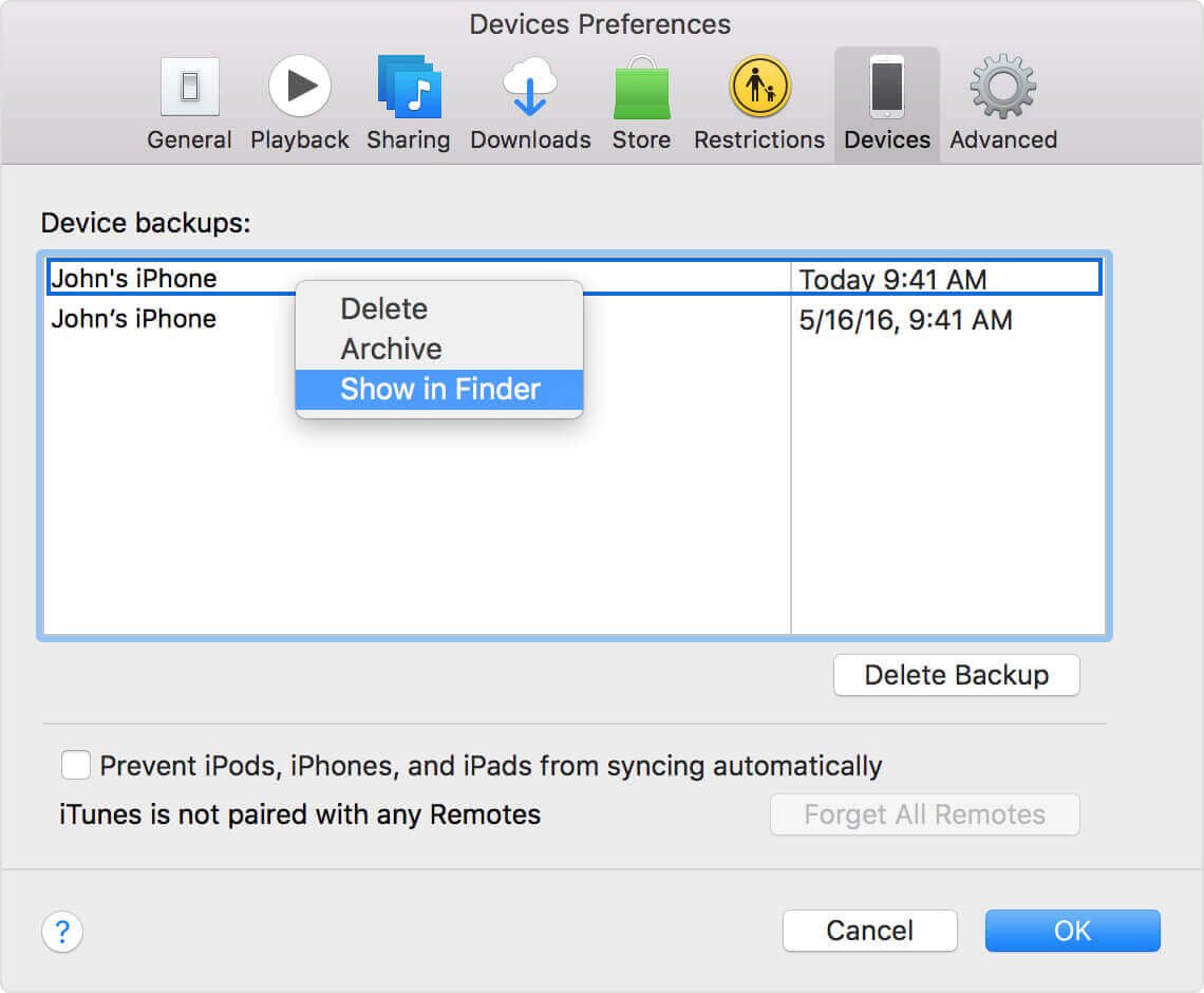 macos itunes device preferences show in finder