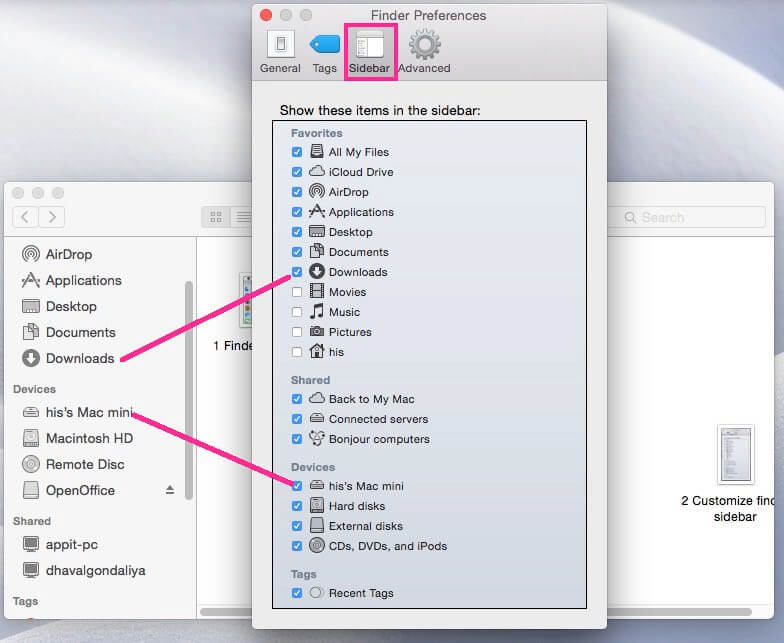 Select the “Sidebar” tab > find “External disks” under “Devices” > tick the small box next to it. Then your connected external hard drive will appear in Finder. 